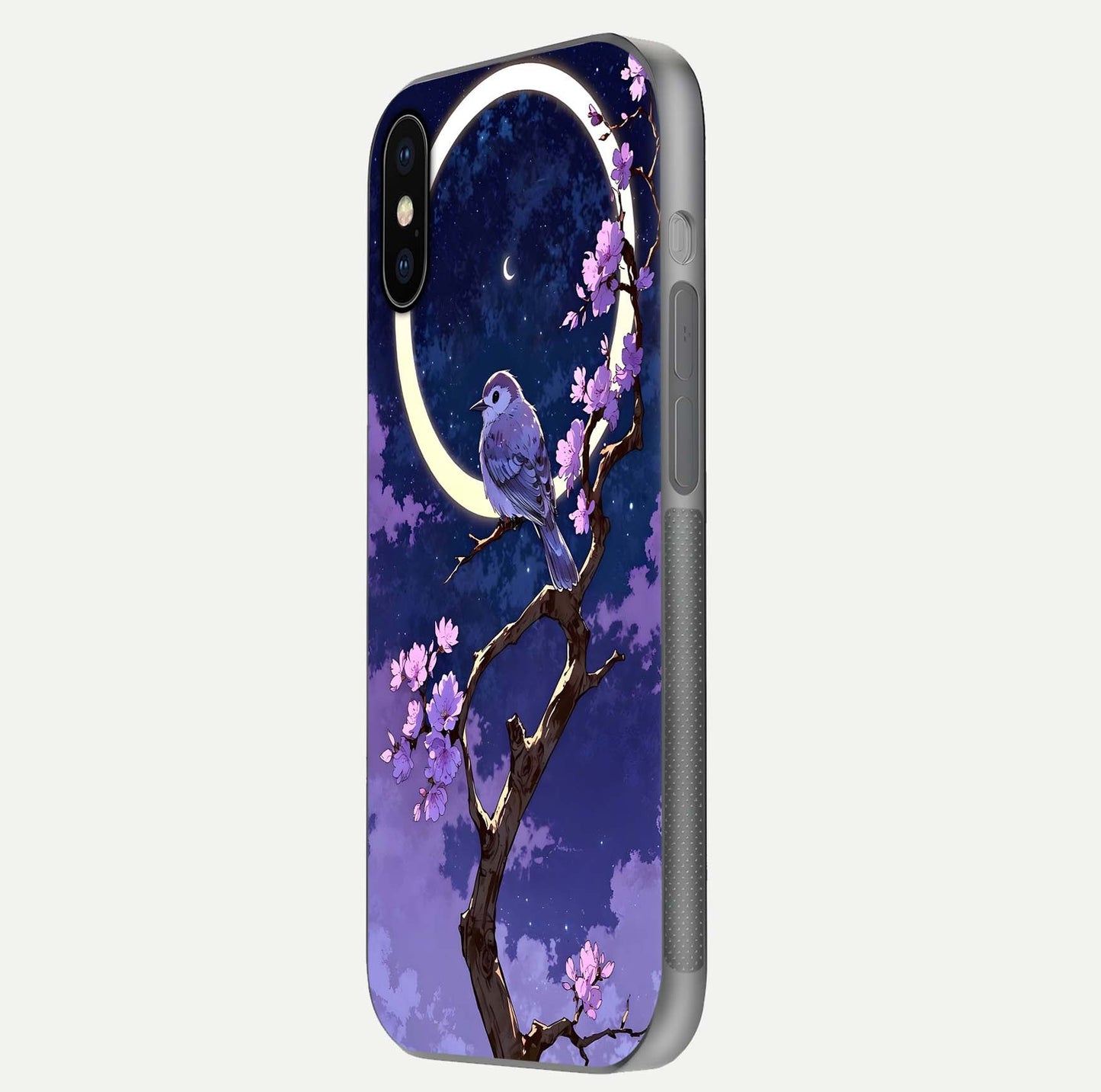 Celestial Bird Blossom Glass Case for iPhone X side-angle image showing detailed wings and glossy polish