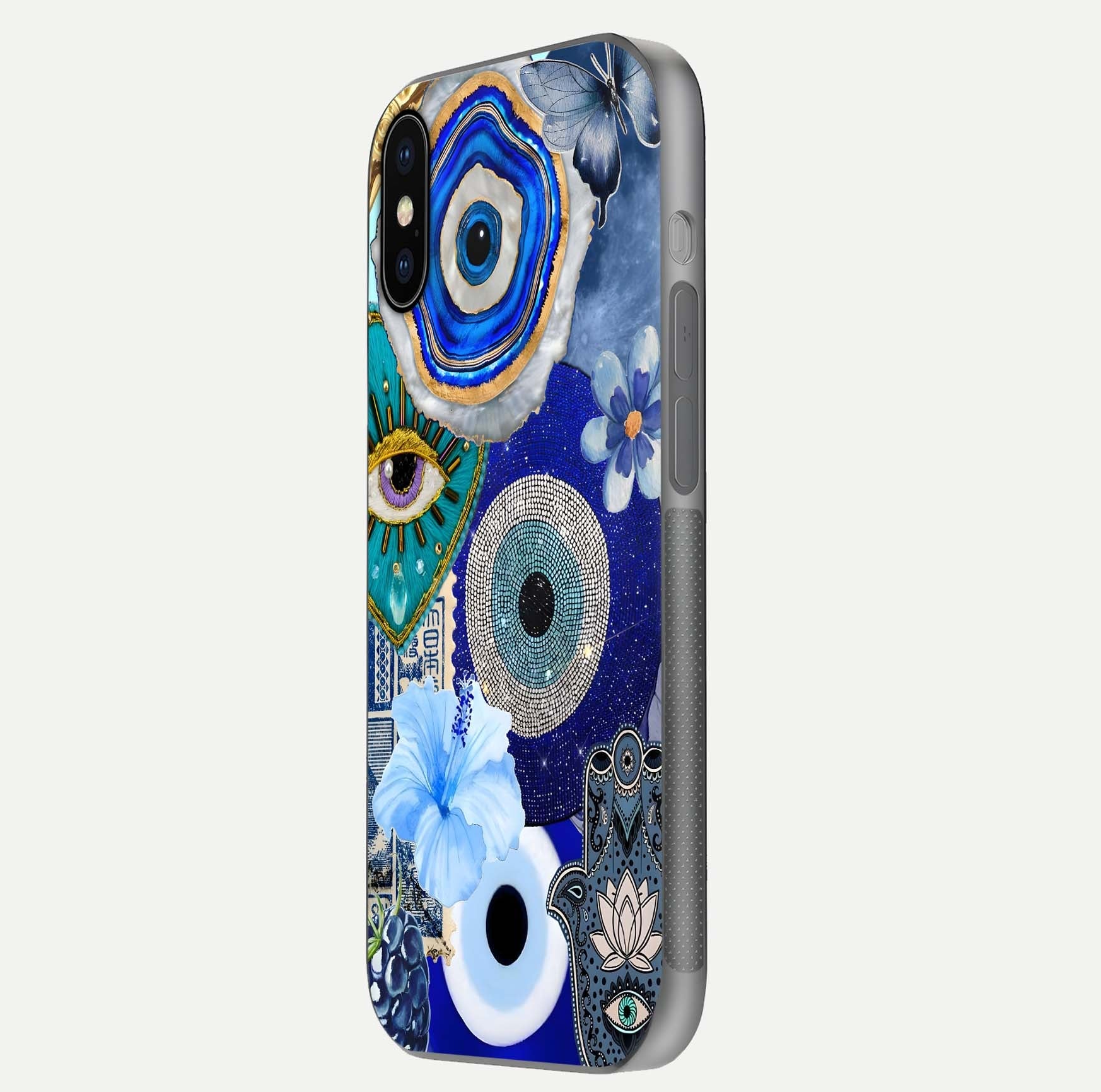 Celestial Blue Vision Glass Case for iPhone X side-angle image capturing starlight shimmer and glass reflection