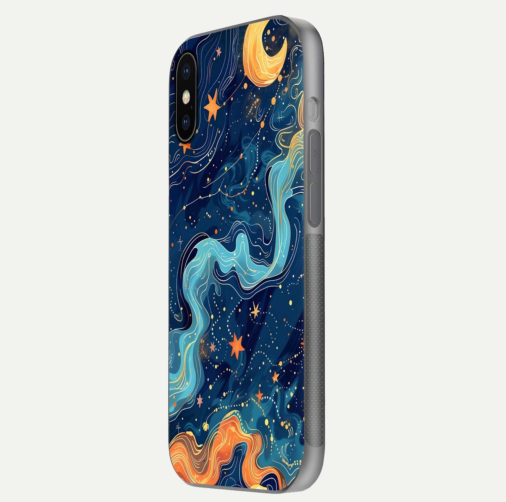 Celestial Dream Flow Glass Case for iPhone X side-angle image capturing color swirl and glass reflection