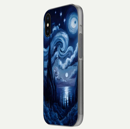 Celestial Dream Van Gogh Glass Case for iPhone X side-angle photo showing depth swirl design and curved reflection