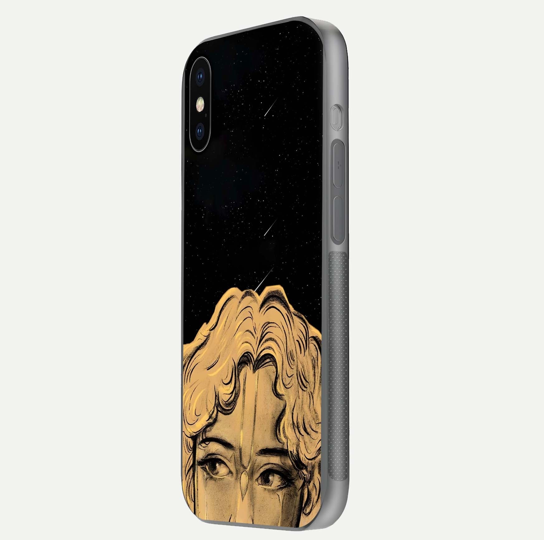 Celestial God’s Plan Glass Case for iPhone X side-angle image showing gloss, camera frame, and cosmic tones