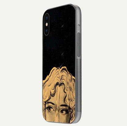 Celestial God’s Plan Glass Case for iPhone X side-angle image showing gloss, camera frame, and cosmic tones