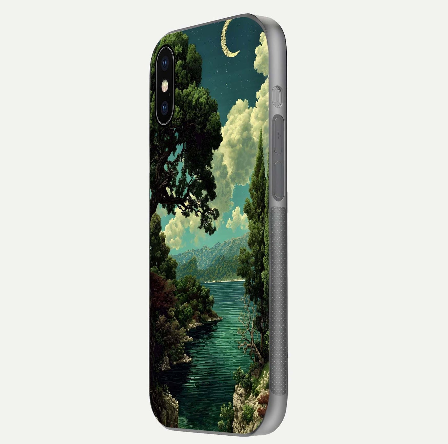 Celestial Lake Peace Glass Case for iPhone X side-angle image displaying reflective glow and gentle edges