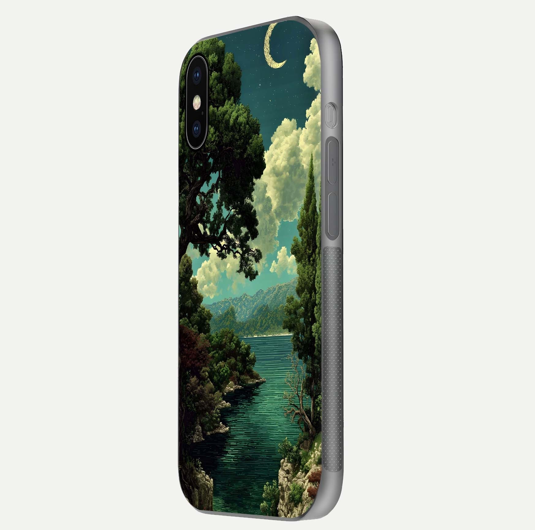 Celestial Lake Peace Glass Case for iPhone X side-angle image displaying reflective glow and gentle edges