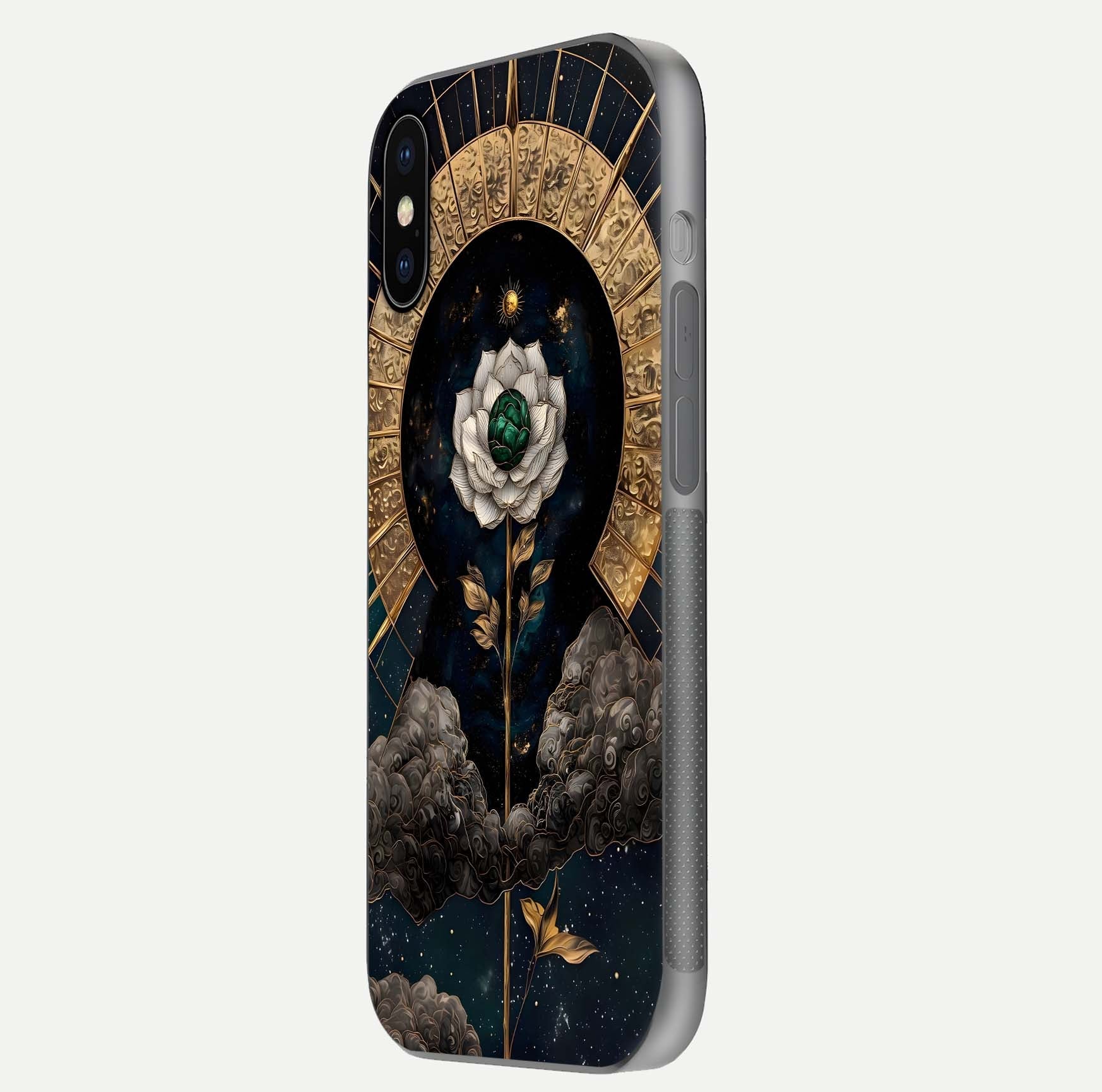 Celestial Lotus Morang Glass Case for iPhone X side-angle image capturing shine and smooth curvature