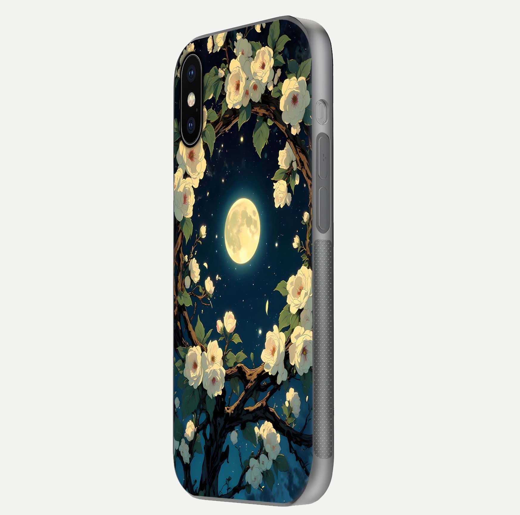 Celestial Moon & Flower Glass Case for iPhone X side-angle image showing edge smoothness and glow reflection