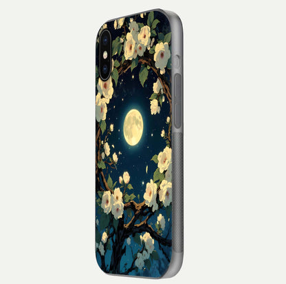 Celestial Moon & Flower Glass Case for iPhone X side-angle image showing edge smoothness and glow reflection