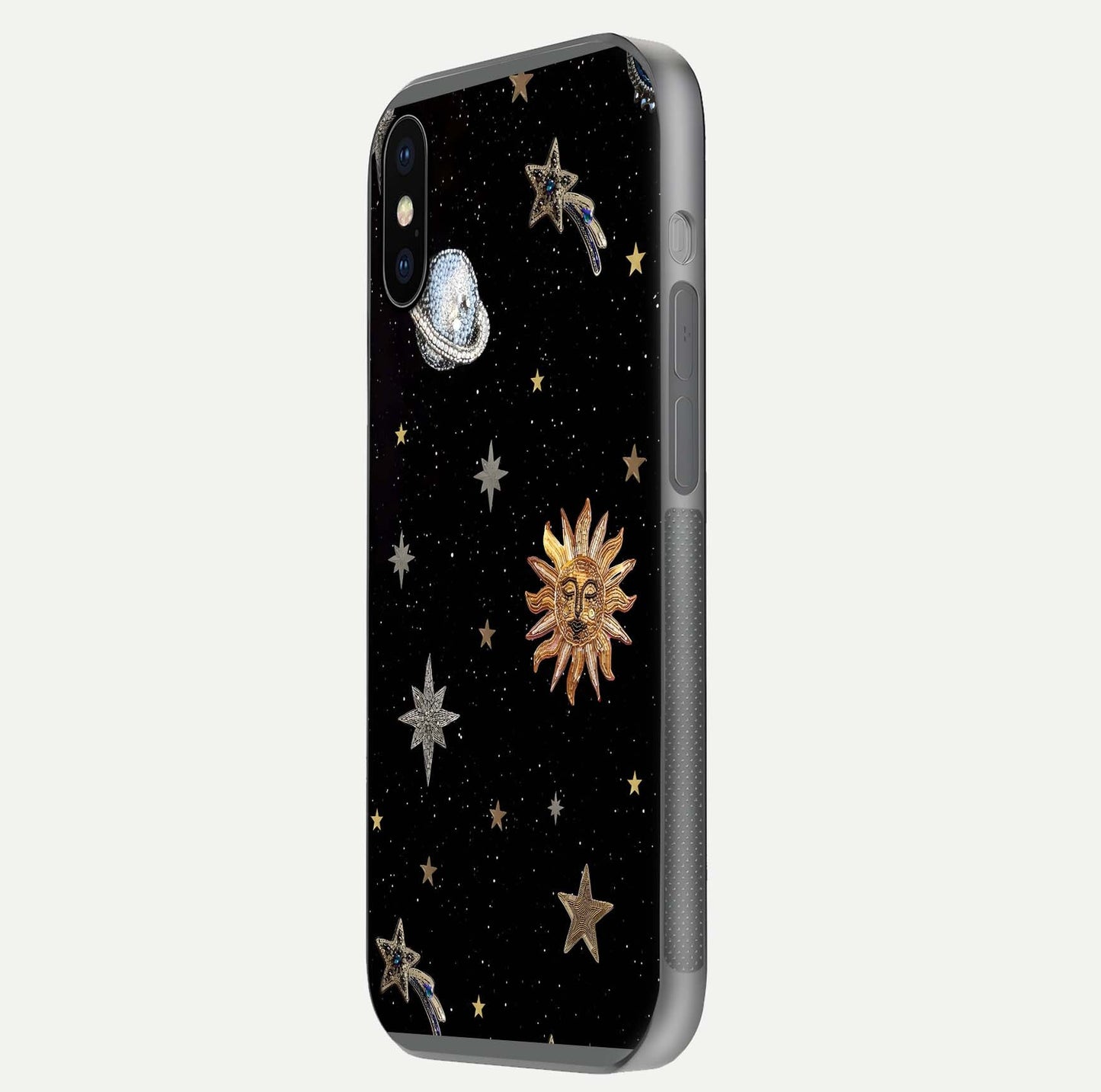 Celestial Moon With Stars Glass Case for iPhone X side-angle view showing curved edges and shimmer glow