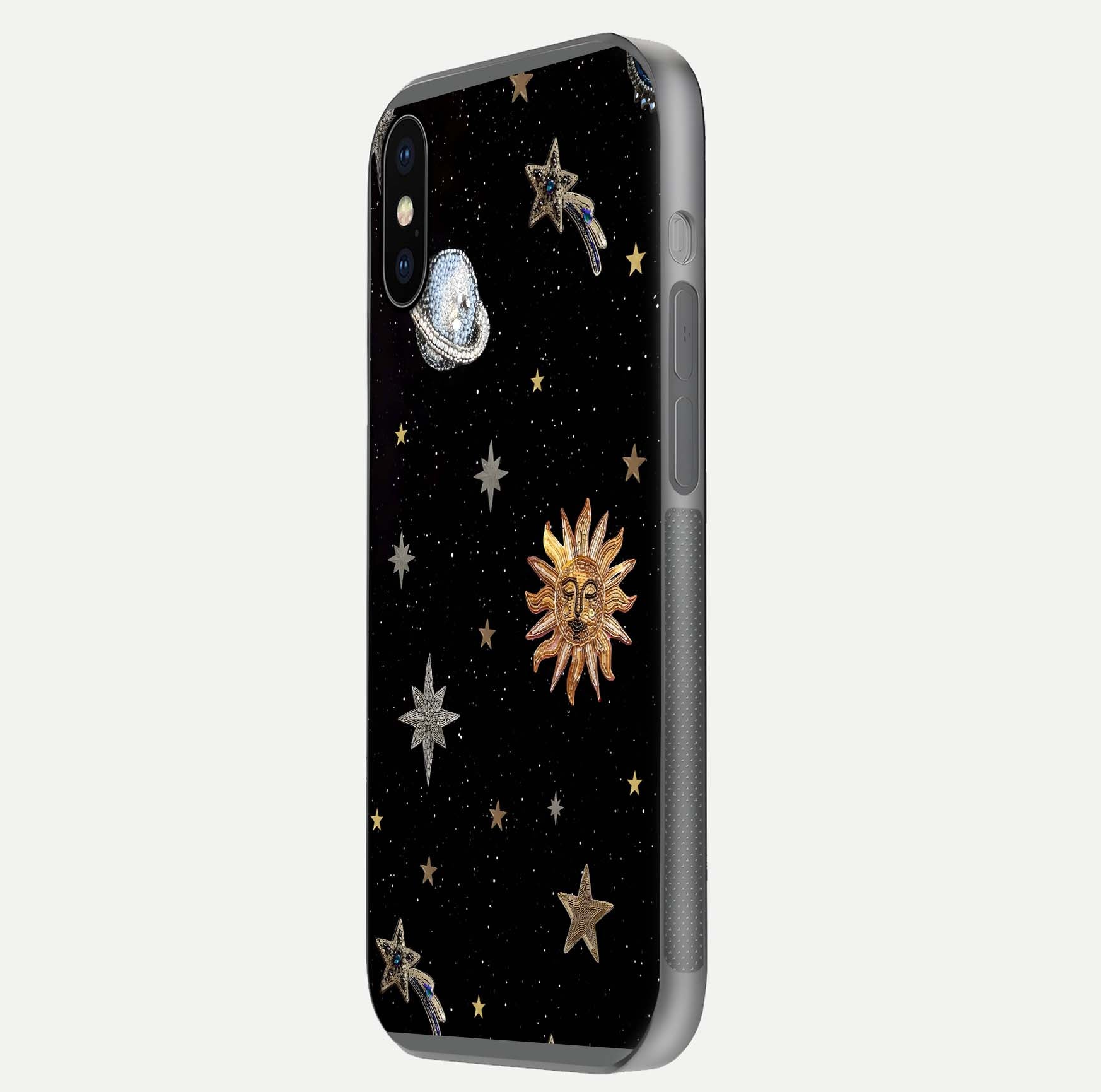 Celestial Moon With Stars Glass Case for iPhone X side-angle view showing curved edges and shimmer glow