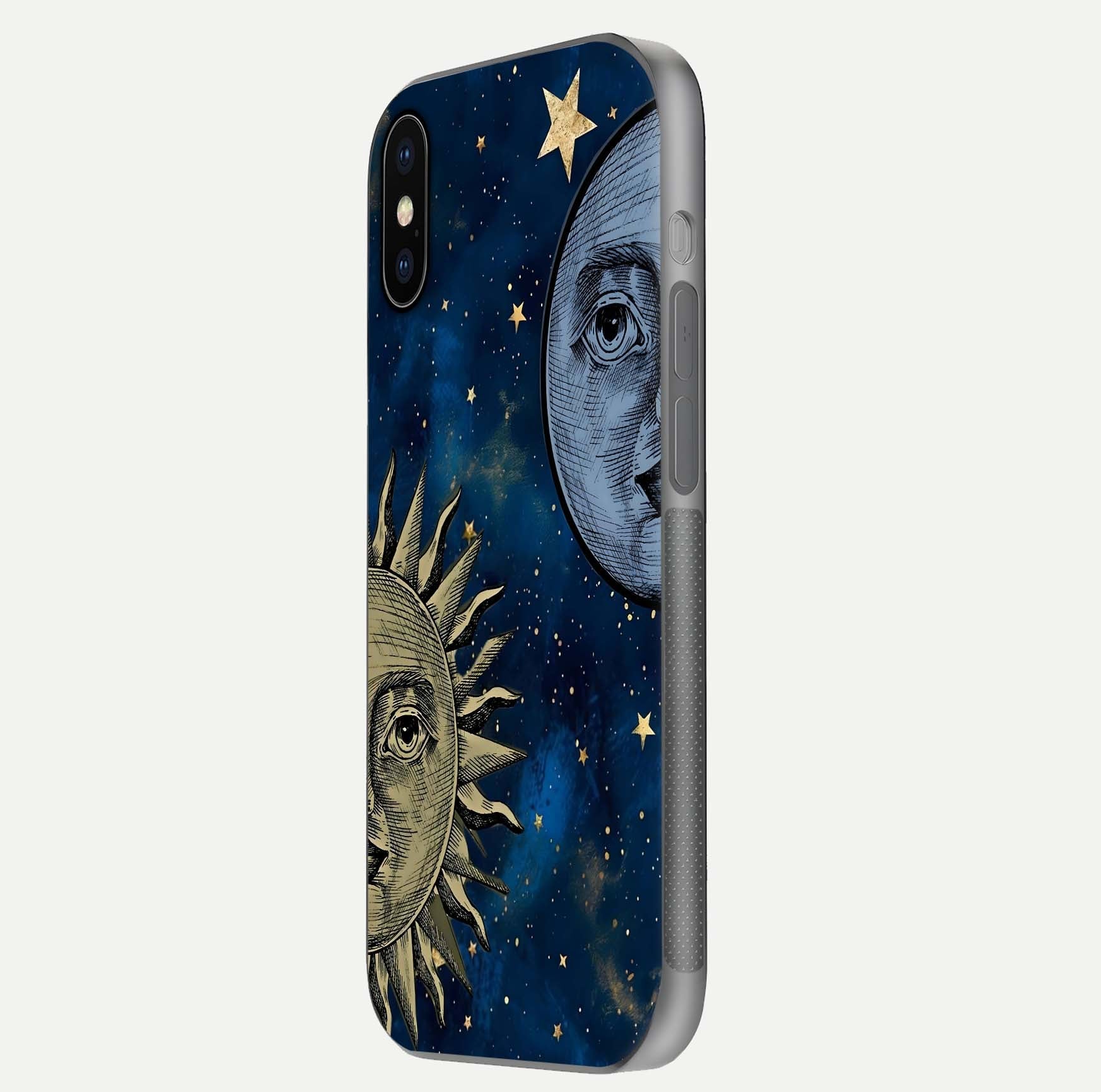 Celestial Moon With Sun Glass Case for iPhone X side-angle image showing reflection tones and cosmic edge