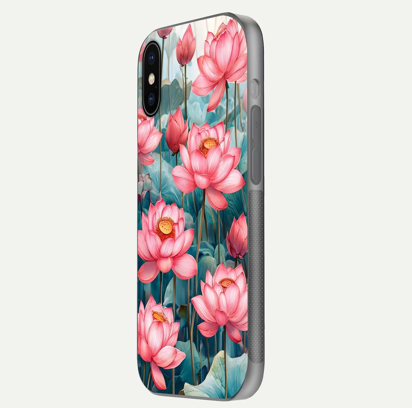 Celestial Pink Lotus Glass Case for iPhone X side-angle image showing reflective shine and petal curve