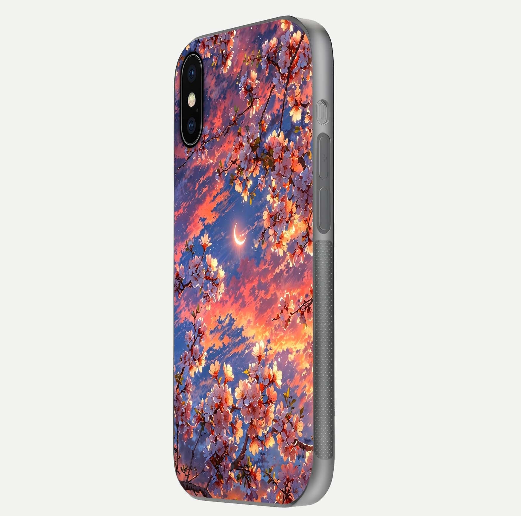 Celestial Sakura Sunset Glass Case for iPhone X side-angle image showing edge glow and petal texture