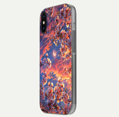 Celestial Sakura Sunset Glass Case for iPhone X side-angle image showing edge glow and petal texture