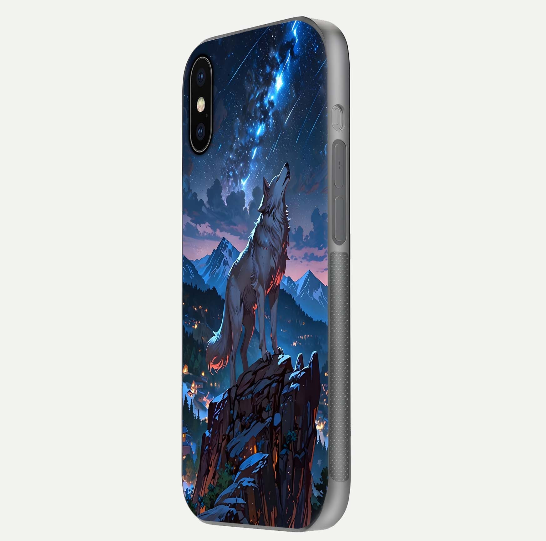 Celestial Wolf Howl Glass Case for iPhone X side-angle image showing curve polish and moon glow