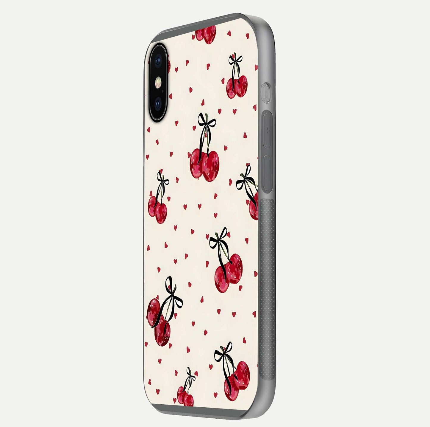 Cherry Heart Bow Glass Case for iPhone X side-angle image capturing gloss texture and charm bow art