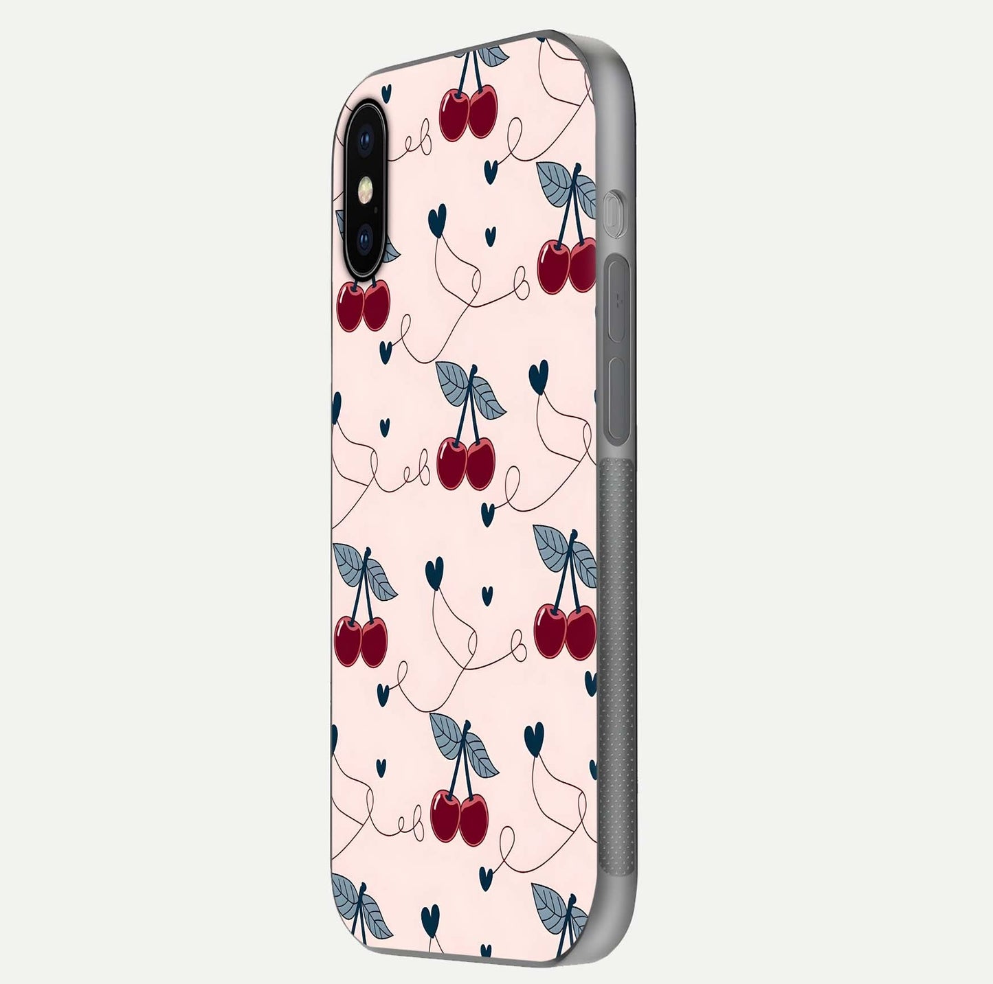 Cherry Heart Line Glass Case for iPhone X side-angle view capturing smooth curves and shine effect