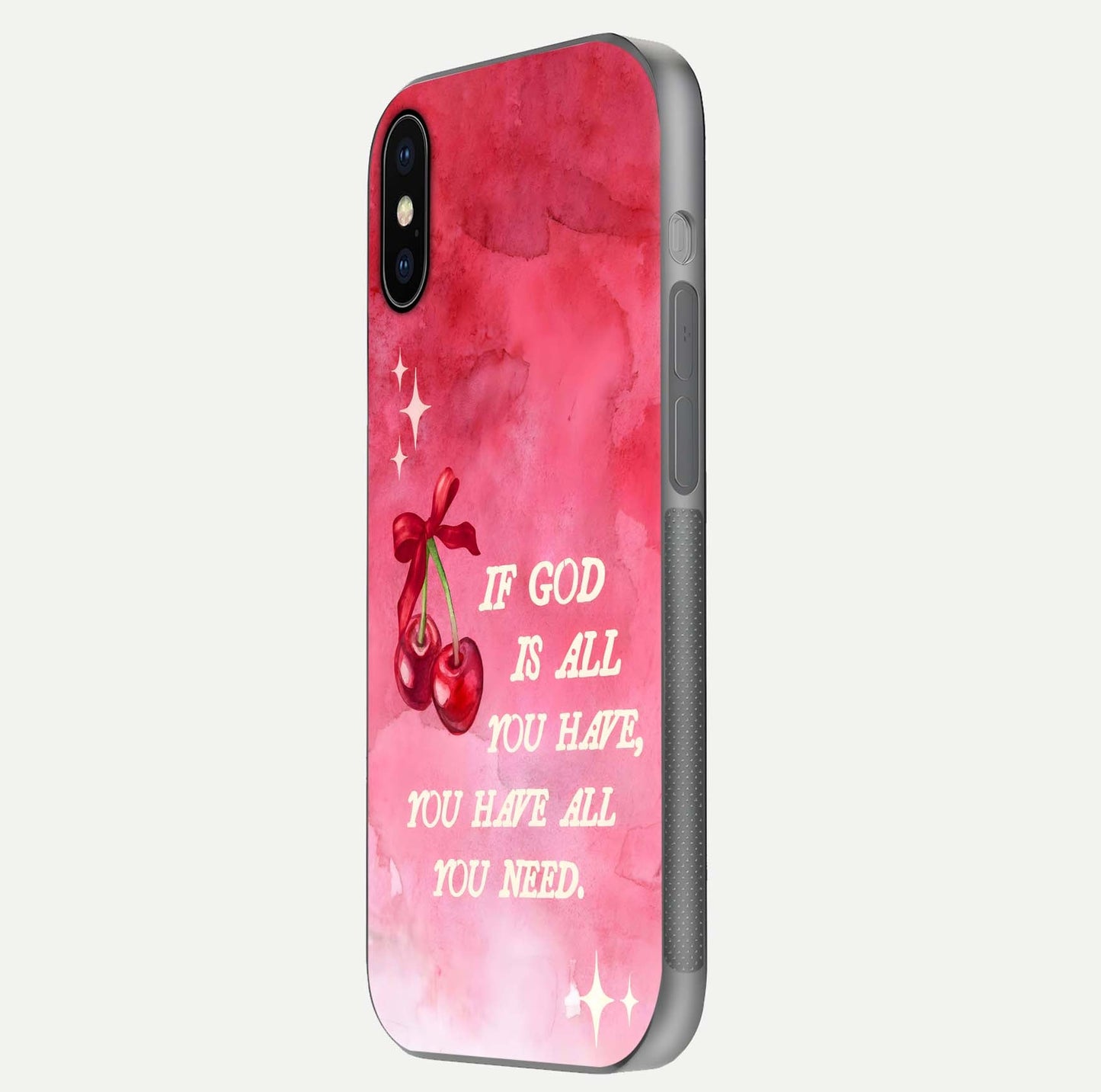 Cherry Quote Glass Case for iPhone X side-angle image showing curve glow and glass detail