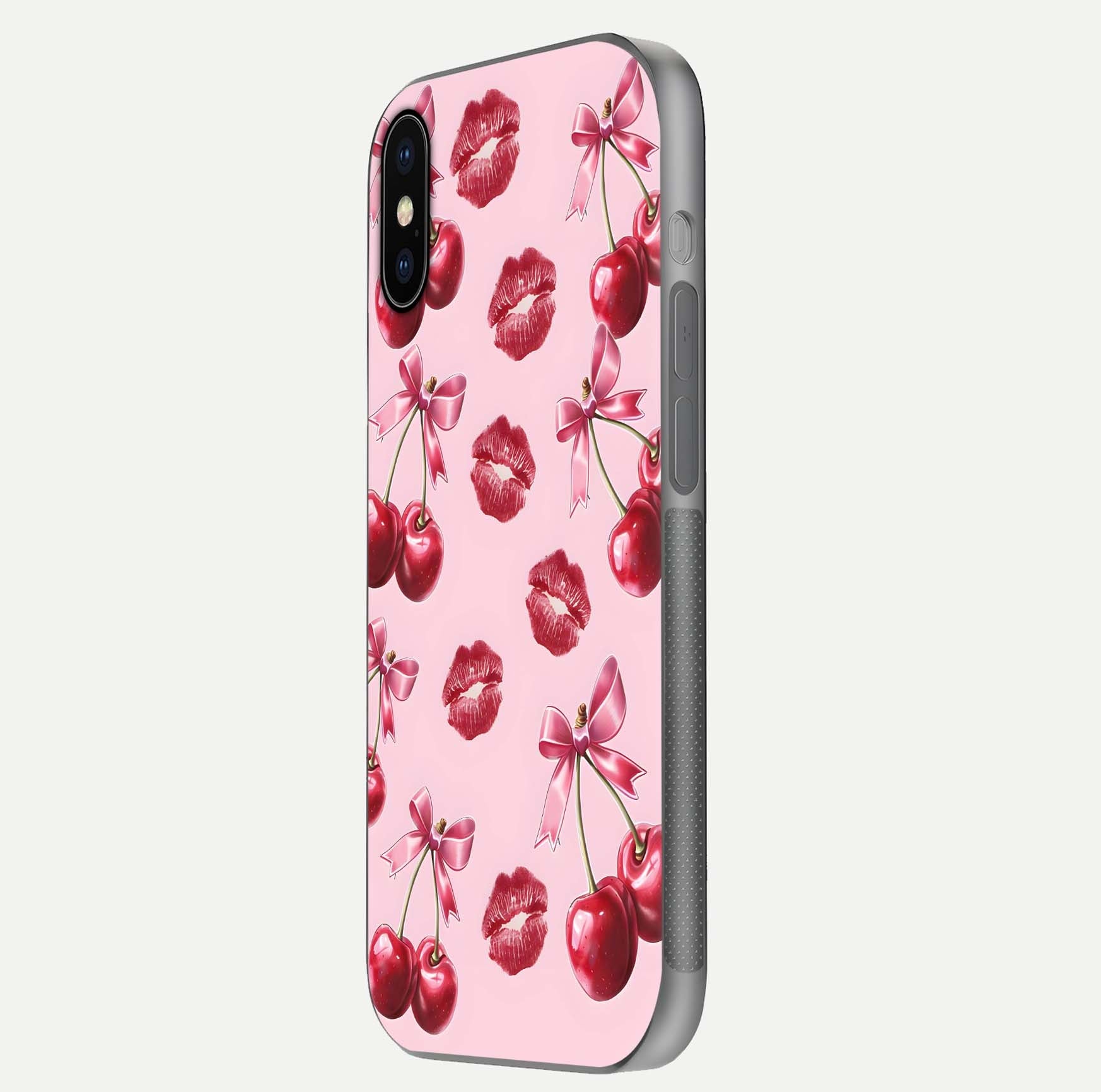 Cherry With Lips Glass Case for iPhone X side-angle image showing gloss reflection and fine details