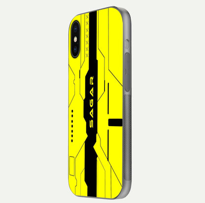 Circuit CYBERPUNK Custom Name Glass Case for iPhone X side-angle image showing reflective finish and design precision
