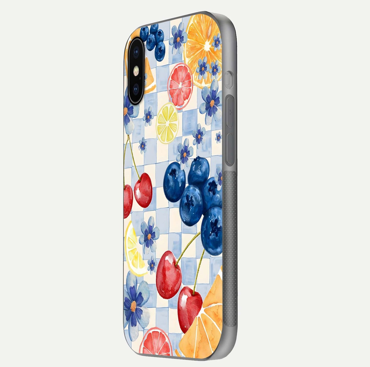 Citrus Bloom Joy Glass Case for iPhone X side-angle photo capturing bright color and glass reflection
