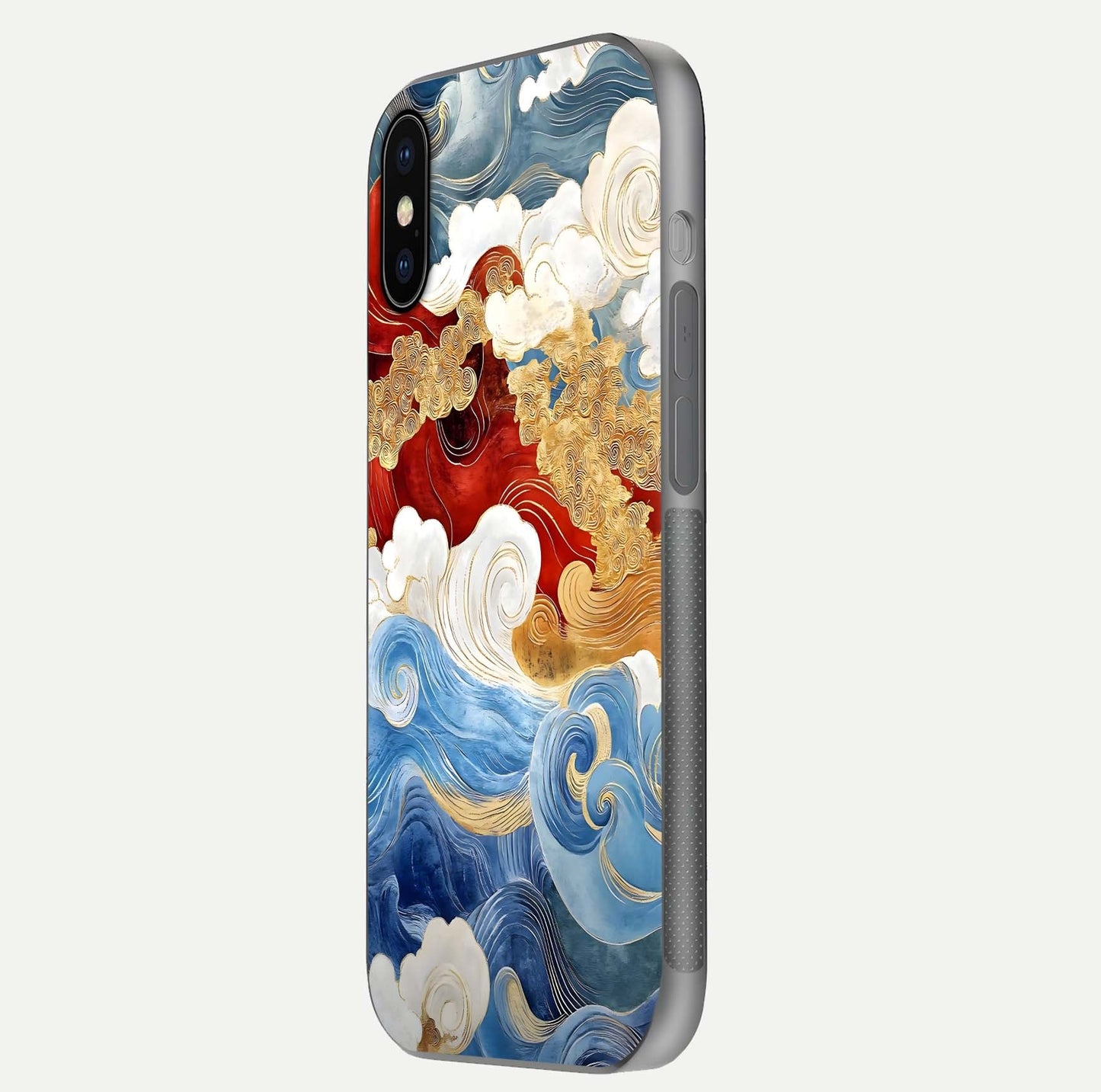 Colored Waves Glass Case for iPhone X side-angle image showing light reflection, edge design, and shine