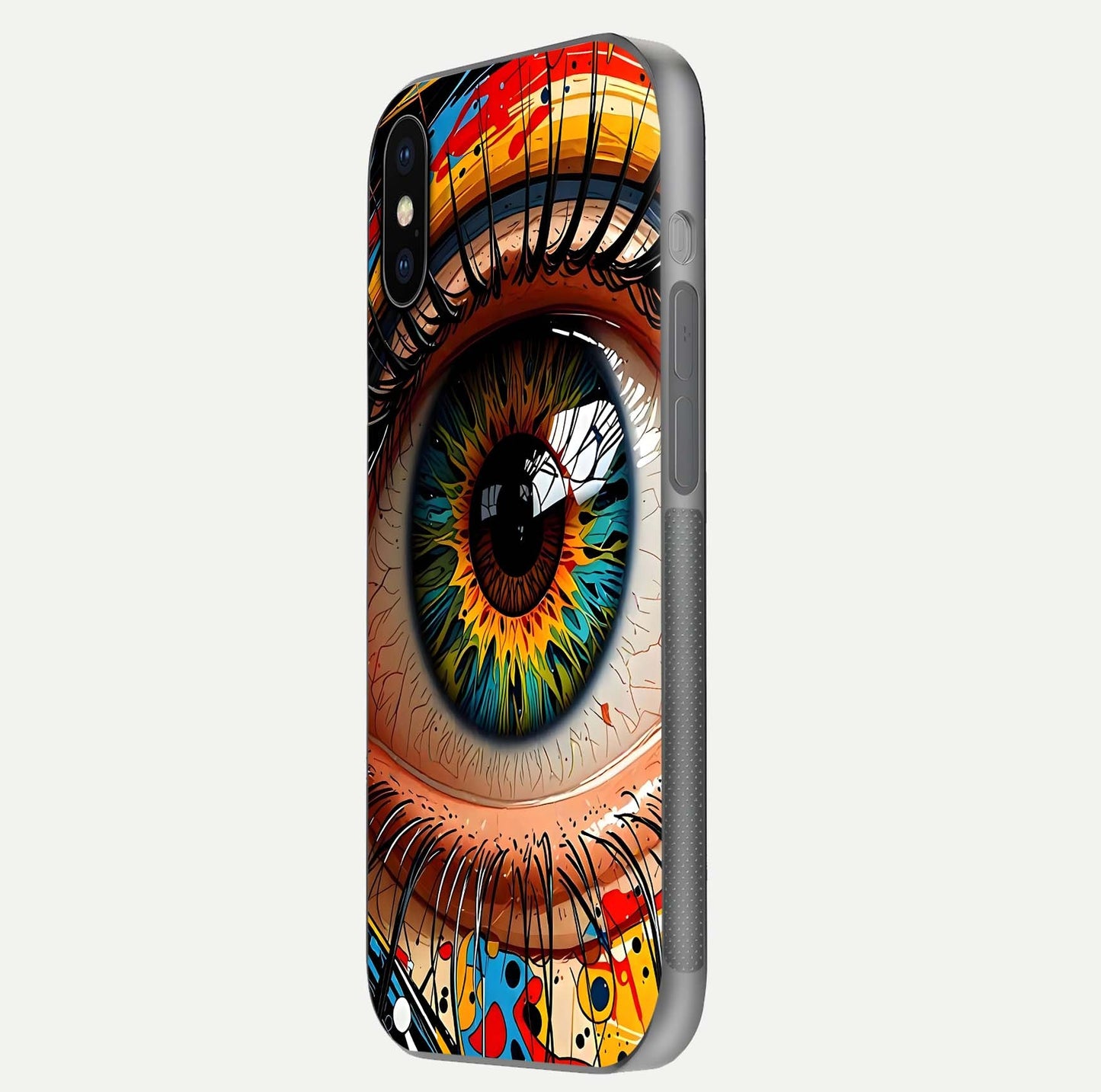 Colorful Eye Glass Case for iPhone X side-angle photo showing reflective surface and design detail