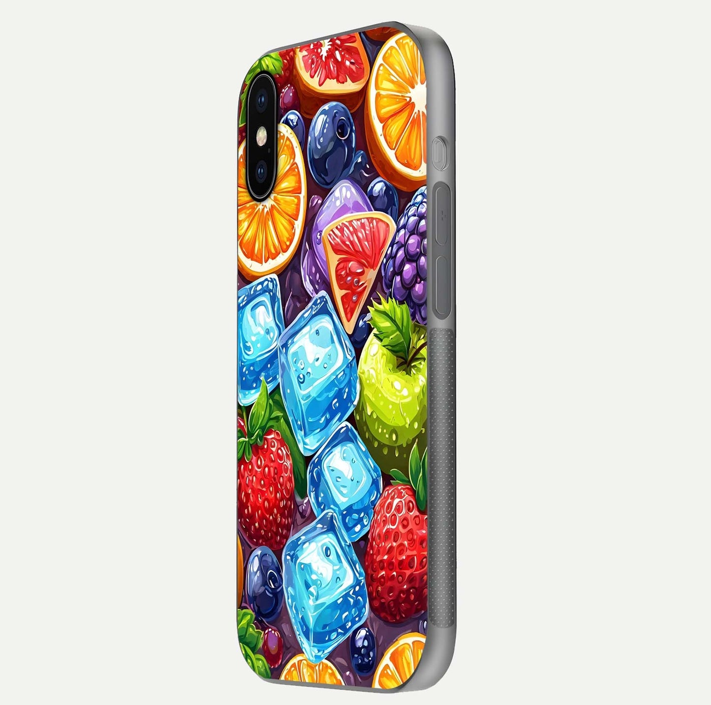Colorful Fruits with Ice Glass Case for iPhone X side-angle photo showing curve gloss and vivid tones