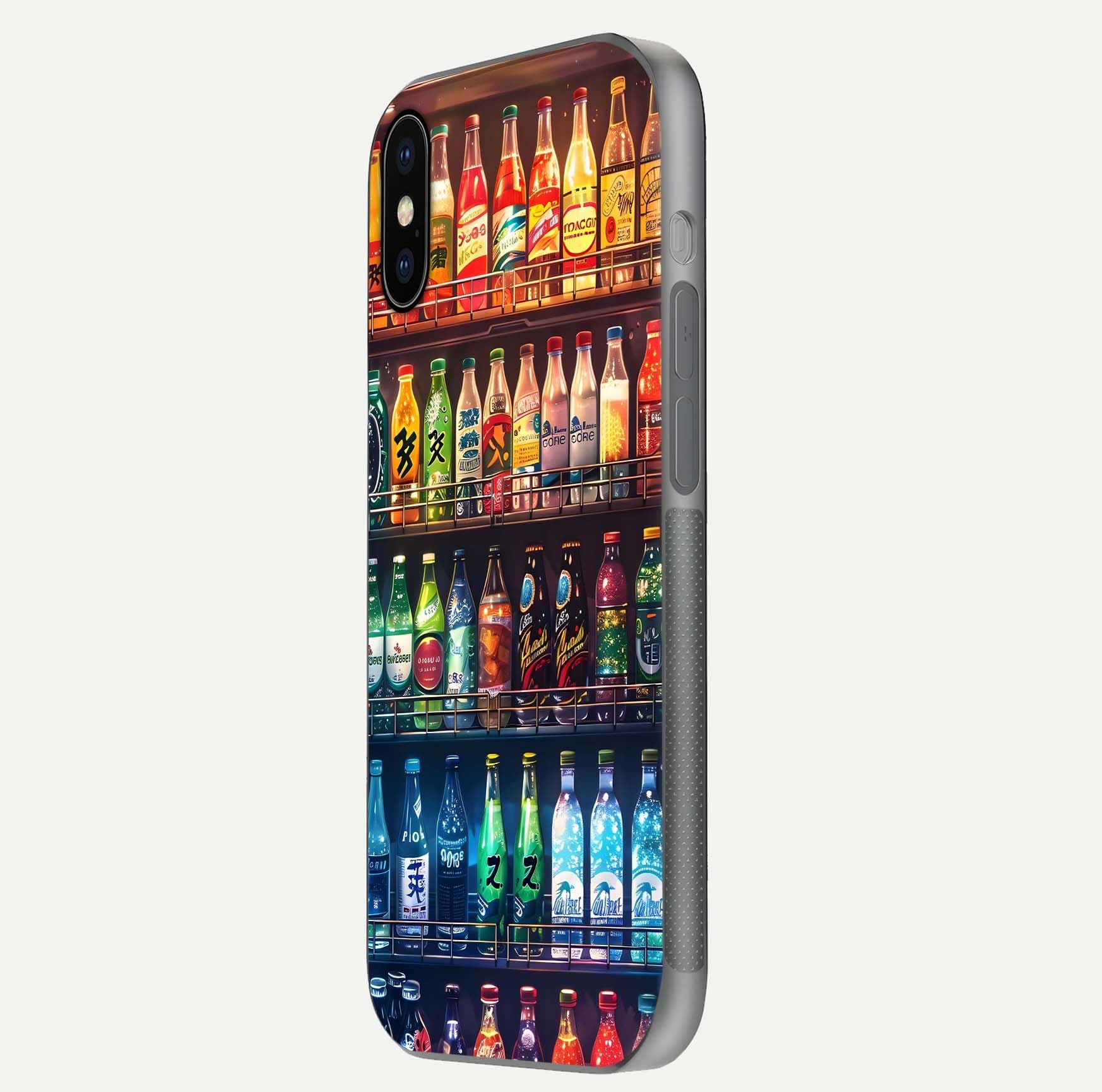 Colorful Soda Bottles Glass Case for iPhone X side-angle photo showing polish shine and texture depth