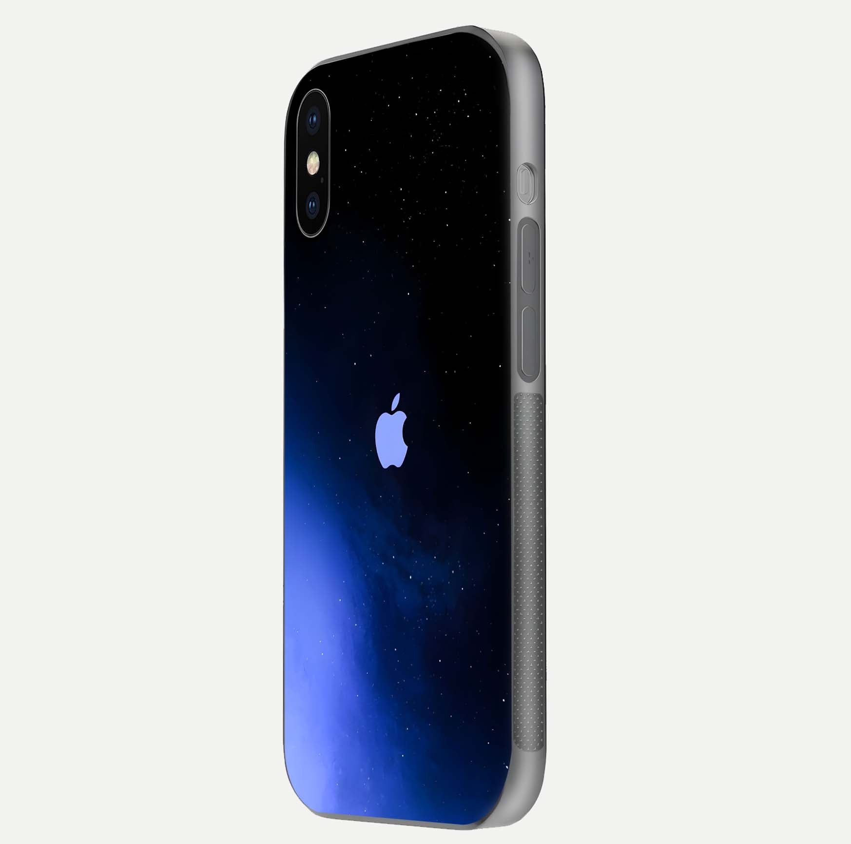 Cosmic Blue Apple Glass Case for iPhone X side-angle image showing curve polish and star detail