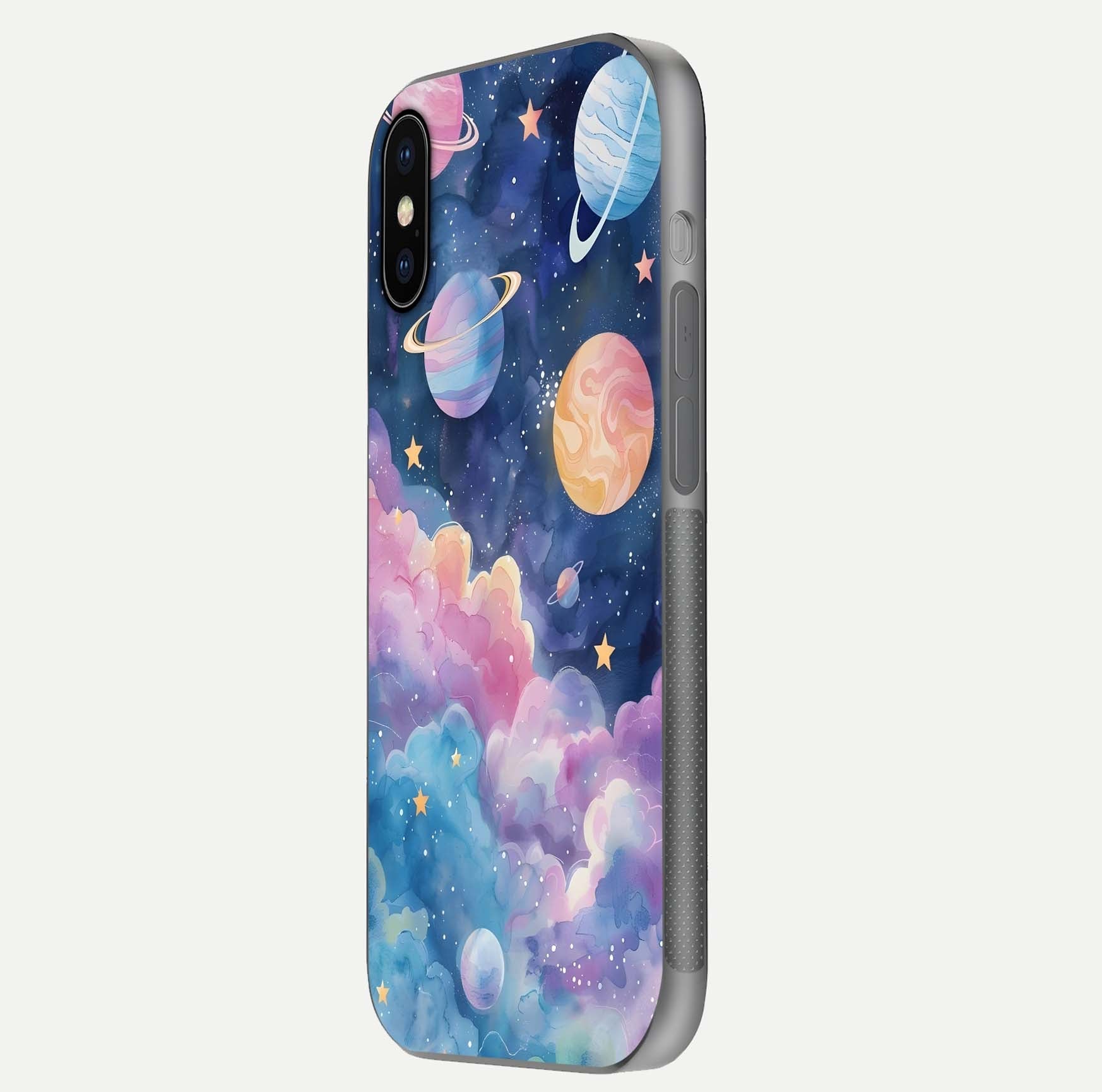 Cosmic Planet Dreams Glass Case for iPhone X side-angle image showing texture clarity and shine