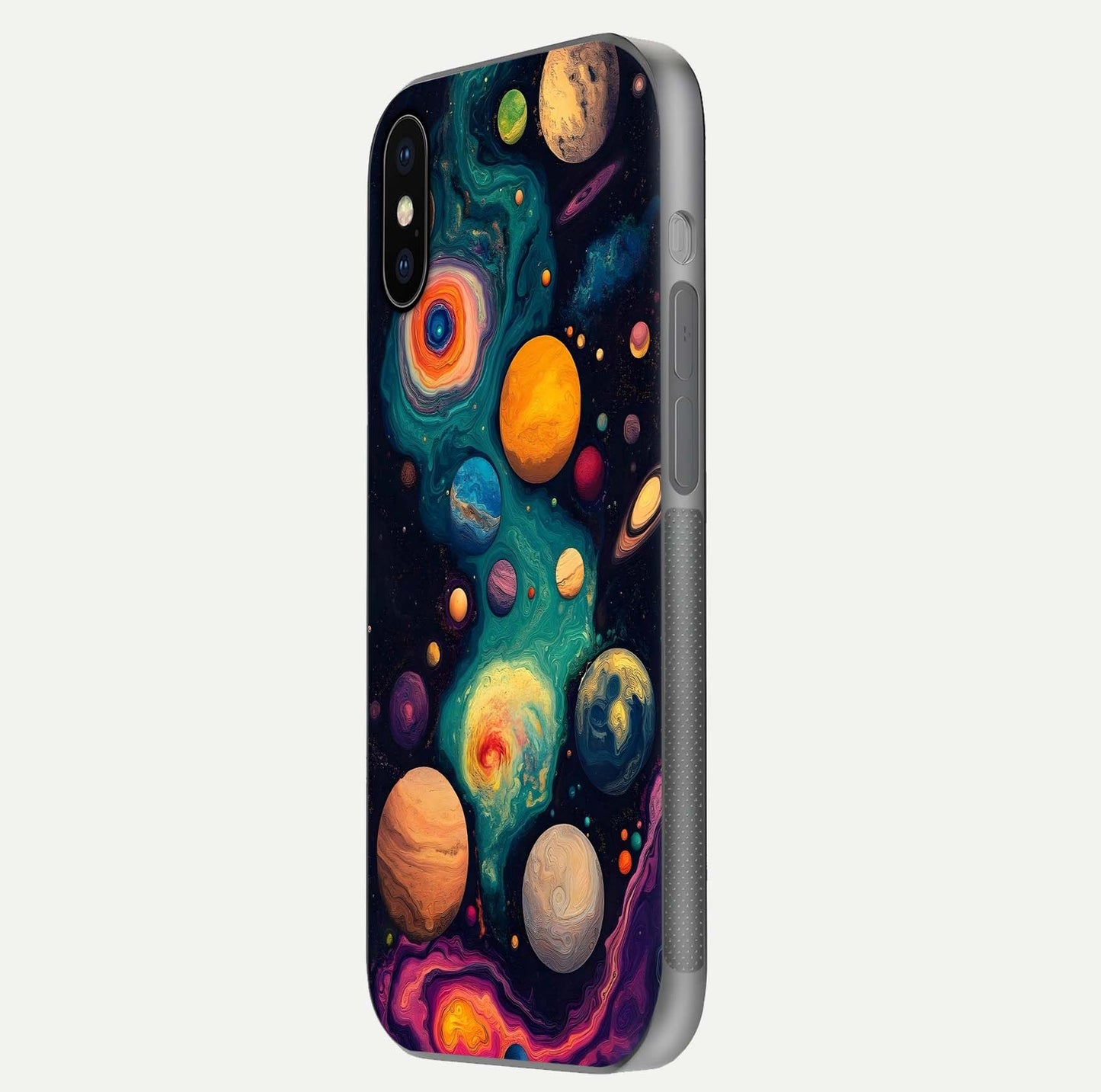 Cosmic Planet Journey Glass Case for iPhone X side-angle image capturing smooth gloss and reflective edges