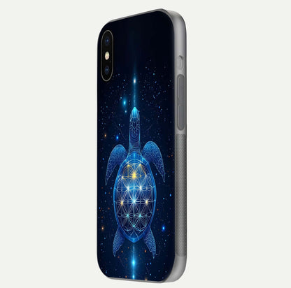 Crimson Blue Turtle Glass Case for iPhone X side-angle photo showing curved edge and glass gloss