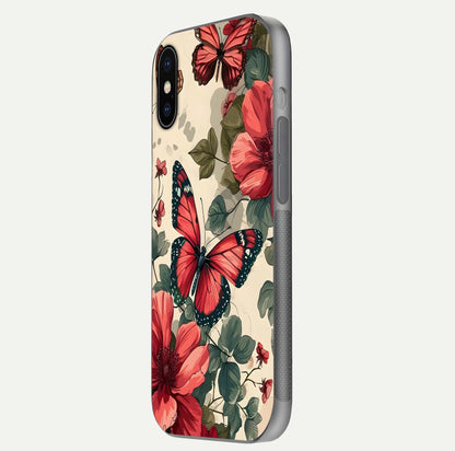 Crimson Butterfly Garden Glass Case for iPhone X side-angle photo capturing gloss texture and soft tone