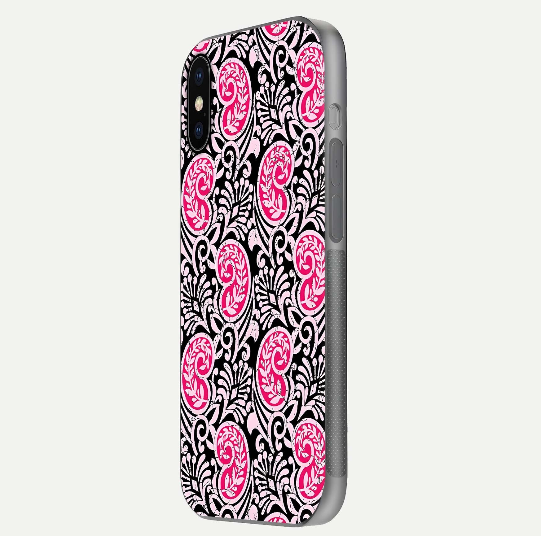 Crimson Paisley Charm Glass Case for iPhone X side-angle image showing reflection and smooth edges