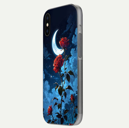 Crimson Rose Moon Glass Case for iPhone X side-angle photo showing reflective texture and smooth curve
