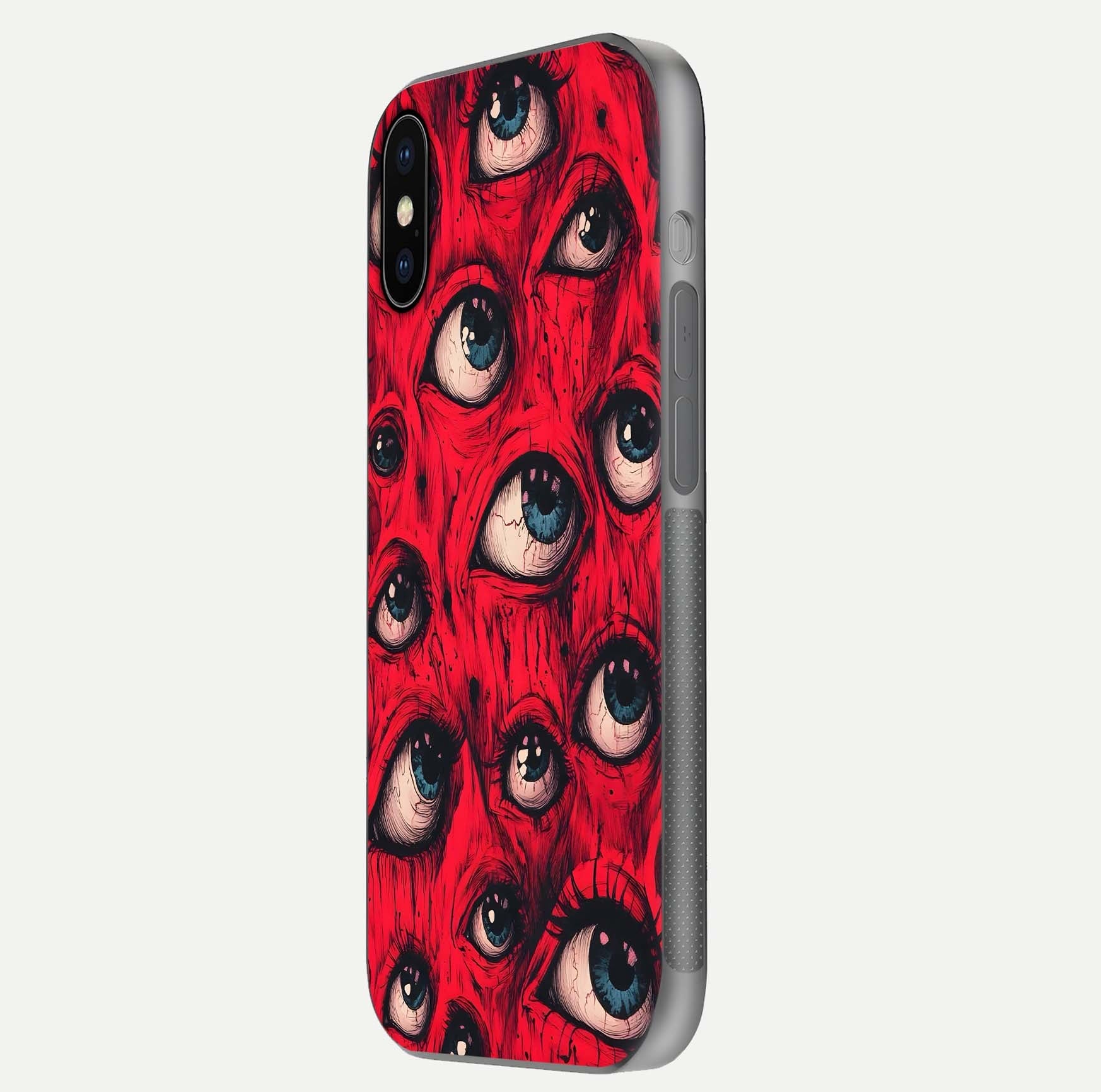 Crimson Watch Eyes Glass Case for iPhone X side-angle photo showing reflection texture and shine
