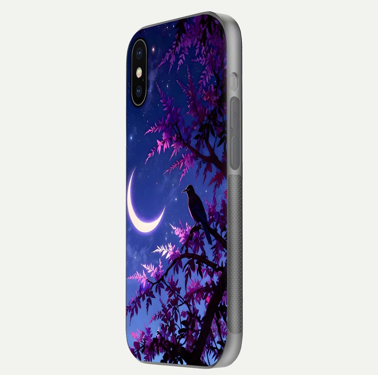 Crow & Moon Scenery Glass Case for iPhone X side-angle photo capturing glossy shine and artistic contrast