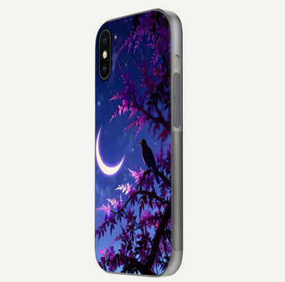 Crow & Moon Scenery Glass Case for iPhone X side-angle photo capturing glossy shine and artistic contrast
