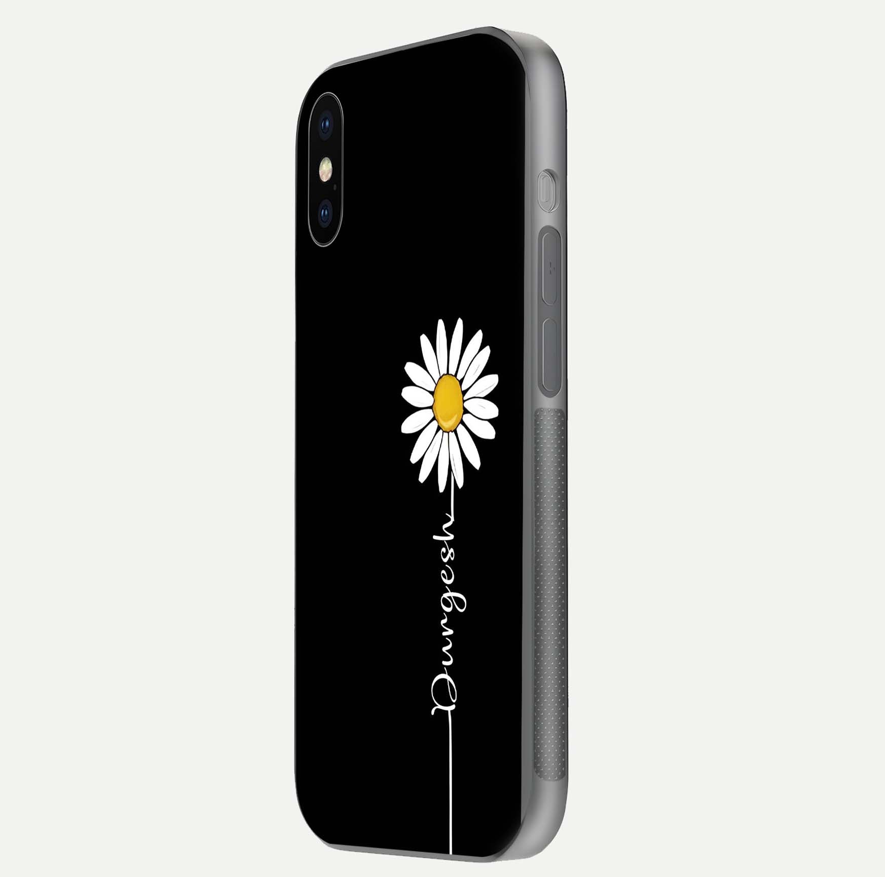 Custom Name White Flower Glass Case for iPhone X side-angle photo showing reflection shine and name clarity