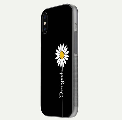 Custom Name White Flower Glass Case for iPhone X side-angle photo showing reflection shine and name clarity