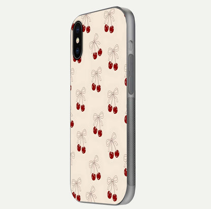 Cute Cherry Pattern Glass Case for iPhone X side-angle photo highlighting gloss curve and pattern clarity