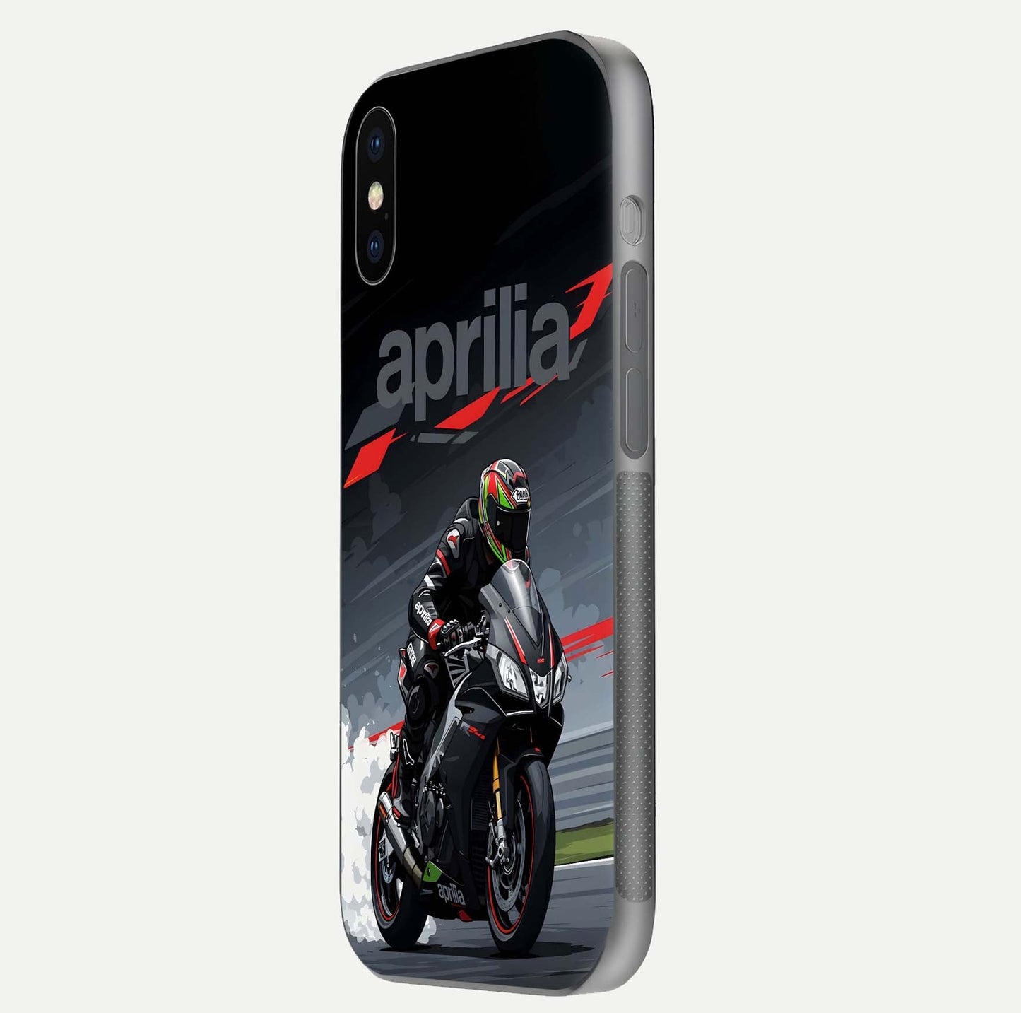 Dark Aprilla Glass Case for iPhone X side-angle photo showing reflection gloss and curved edge finish