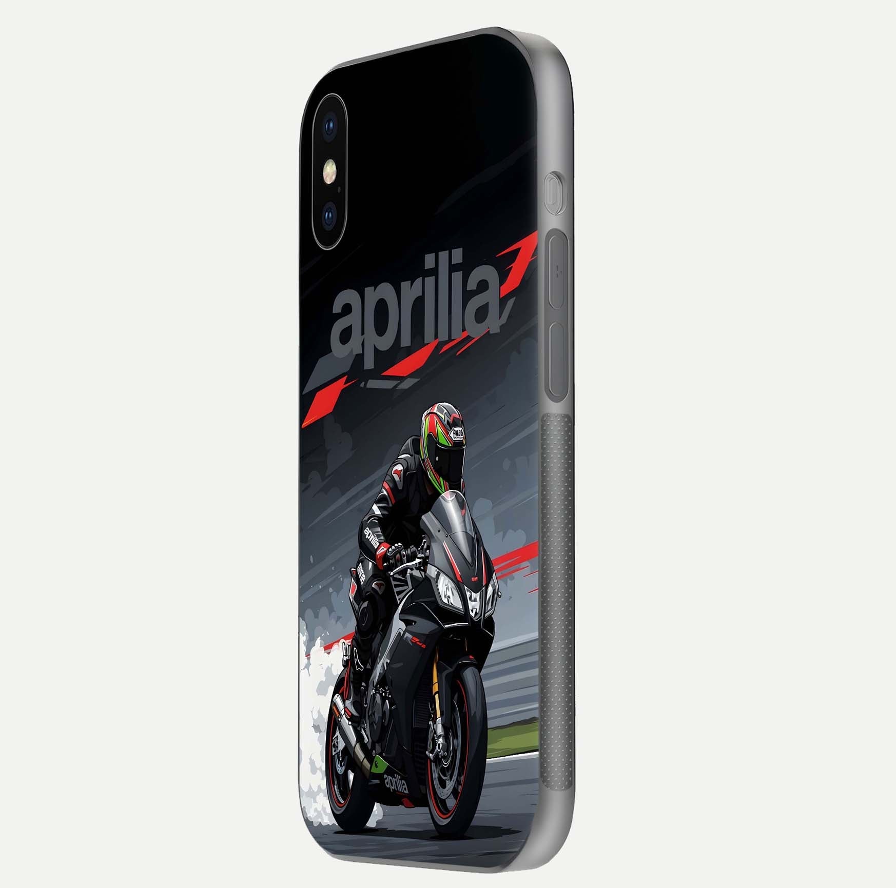 Dark Aprilla Glass Case for iPhone X side-angle photo showing reflection gloss and curved edge finish