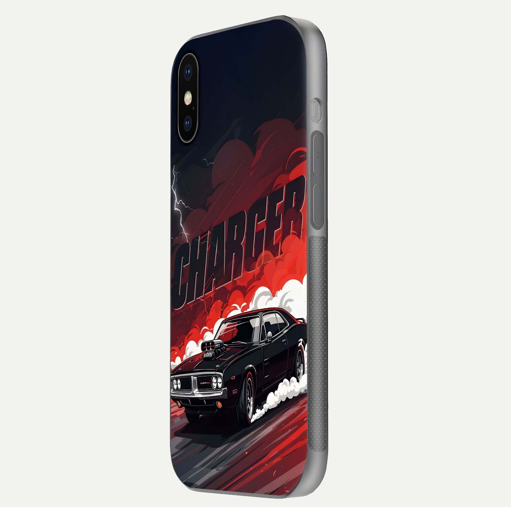 Dark Charger Fury Glass Case for iPhone X side-angle image showing edge gloss and bold tone