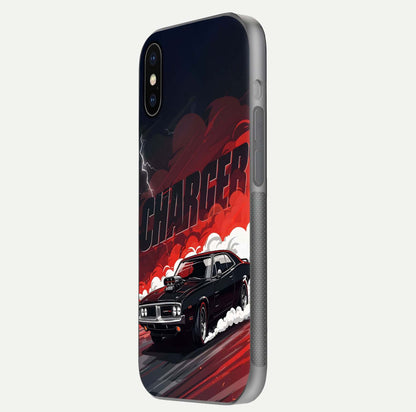 Dark Charger Fury Glass Case for iPhone X side-angle image showing edge gloss and bold tone
