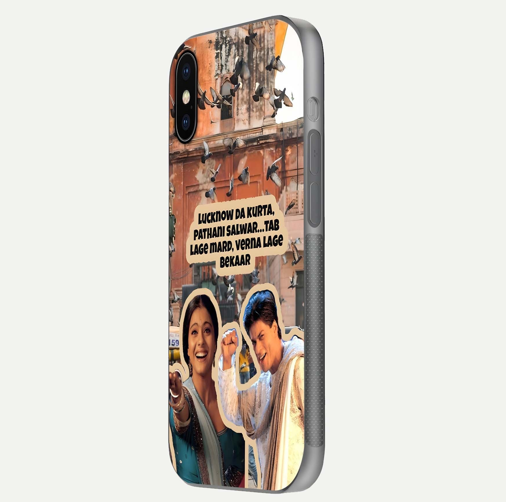 Desi Retro Vibes Glass Case for iPhone X side-angle image displaying gloss texture and bold pattern
