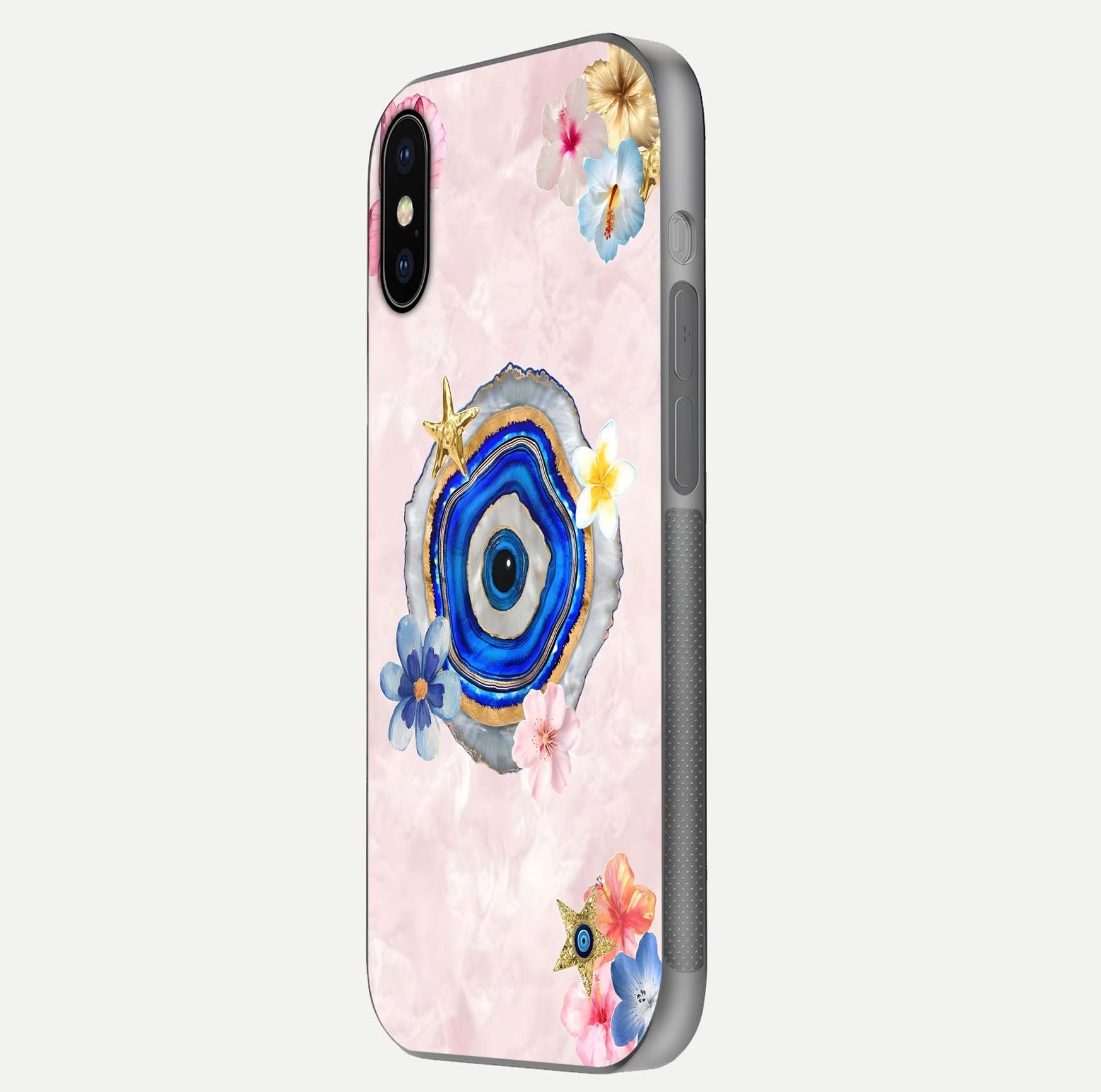 Divine Aura Bloom Glass Case for iPhone X side-angle photo capturing reflection glow and premium polish