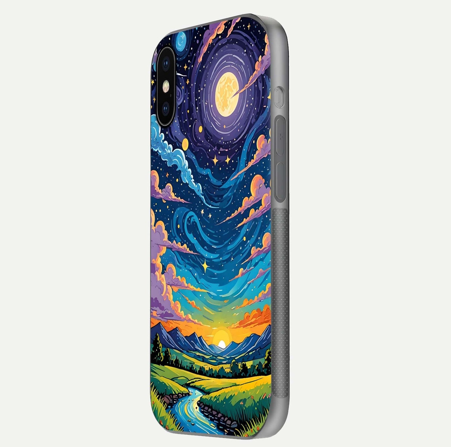 Dreamy Night Landscape Glass Case for iPhone X side-angle photo capturing reflection glow and edge detail