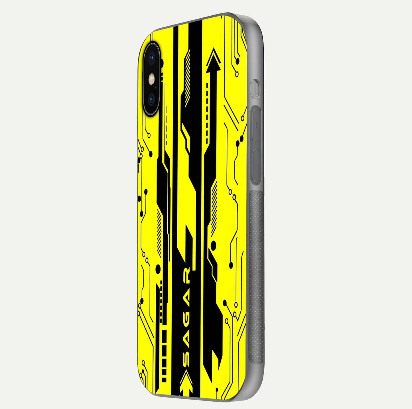 Electric Pulse CYBERPUNK Custom Name Glass Case for iPhone X side-angle image showing glossy reflection and edge illumination