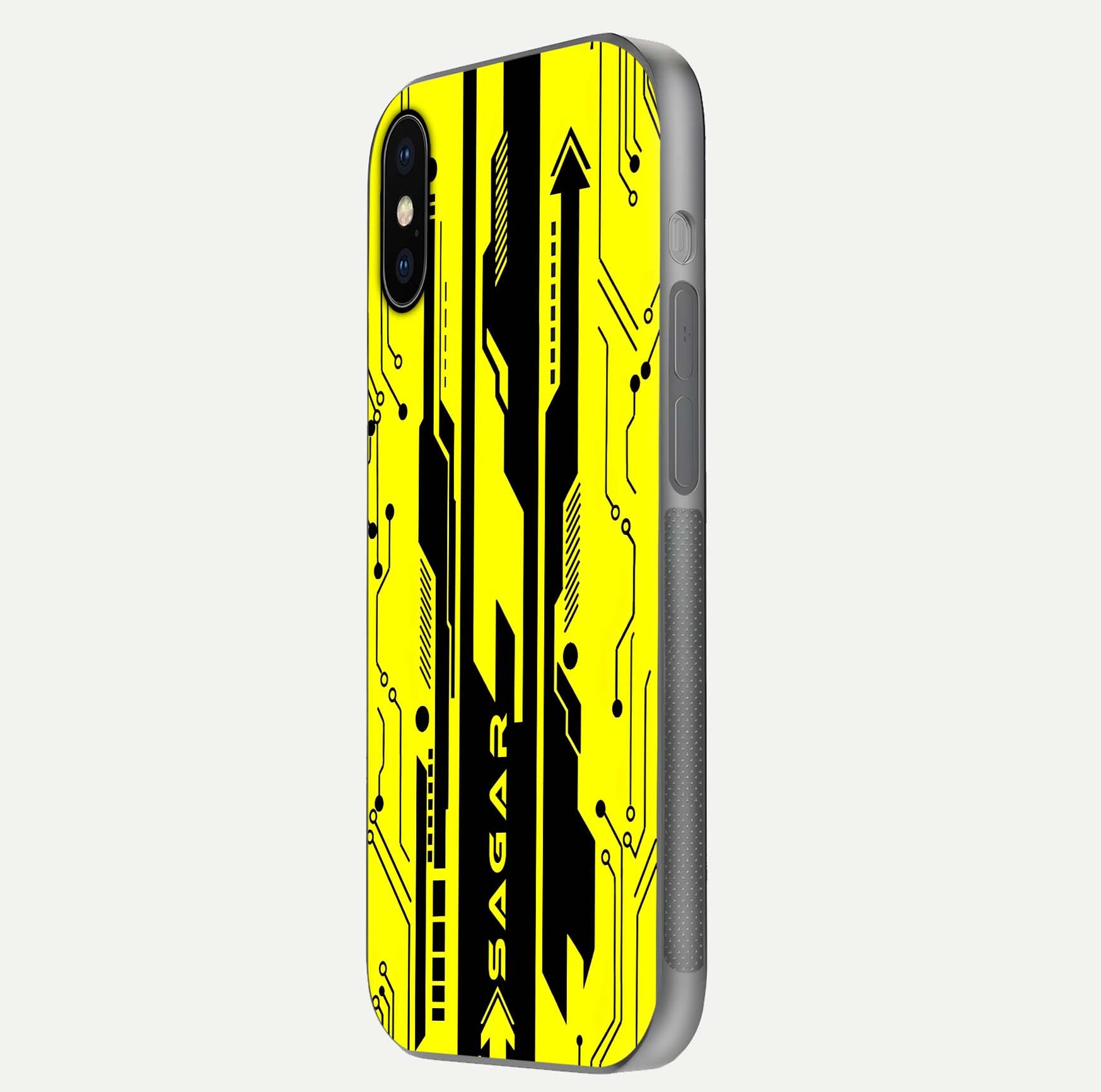 Electric Pulse CYBERPUNK Custom Name Glass Case for iPhone X side-angle image showing glossy reflection and edge illumination